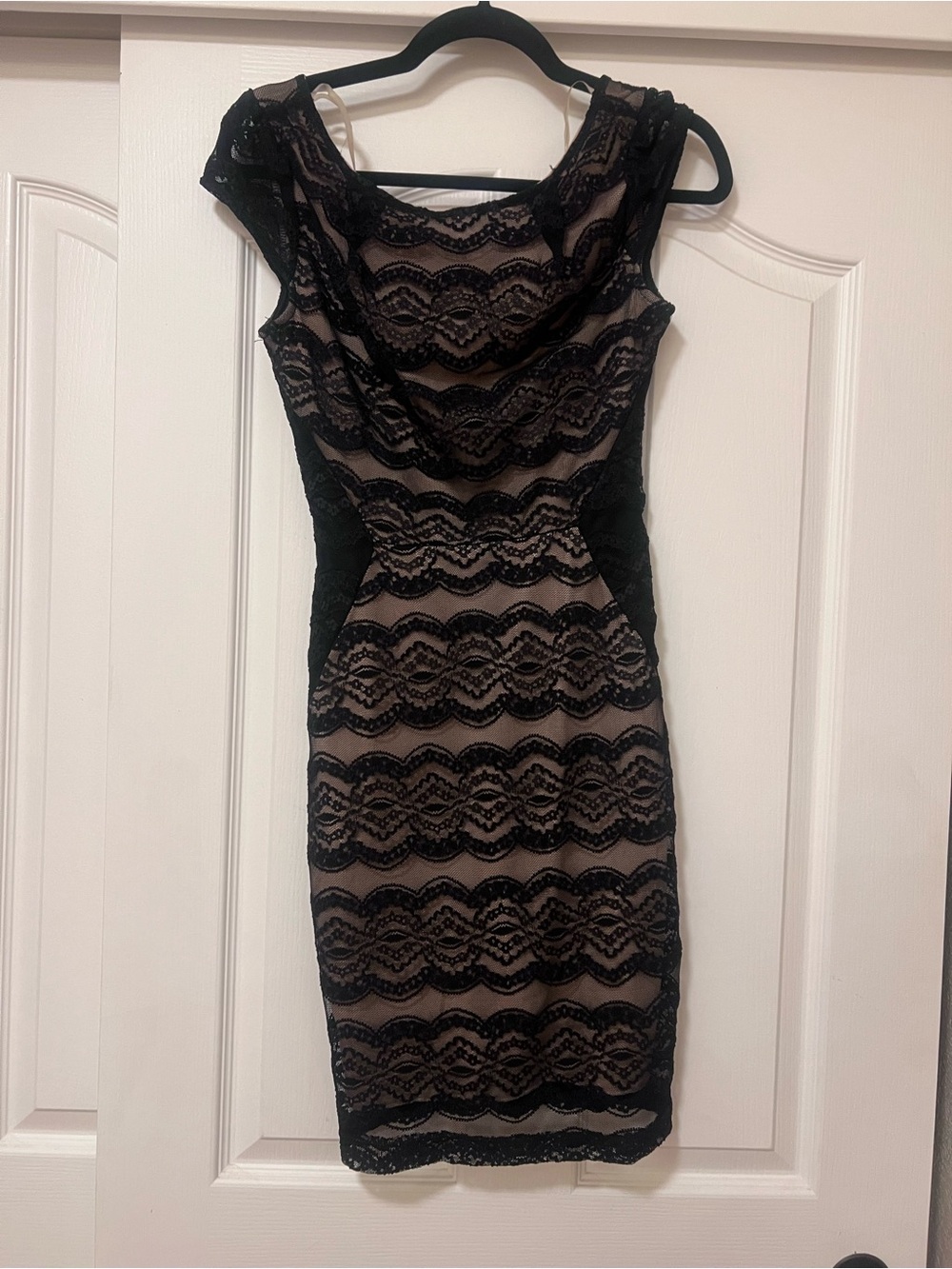 Mystic Black Lace Over Nude Mini Dress - Small